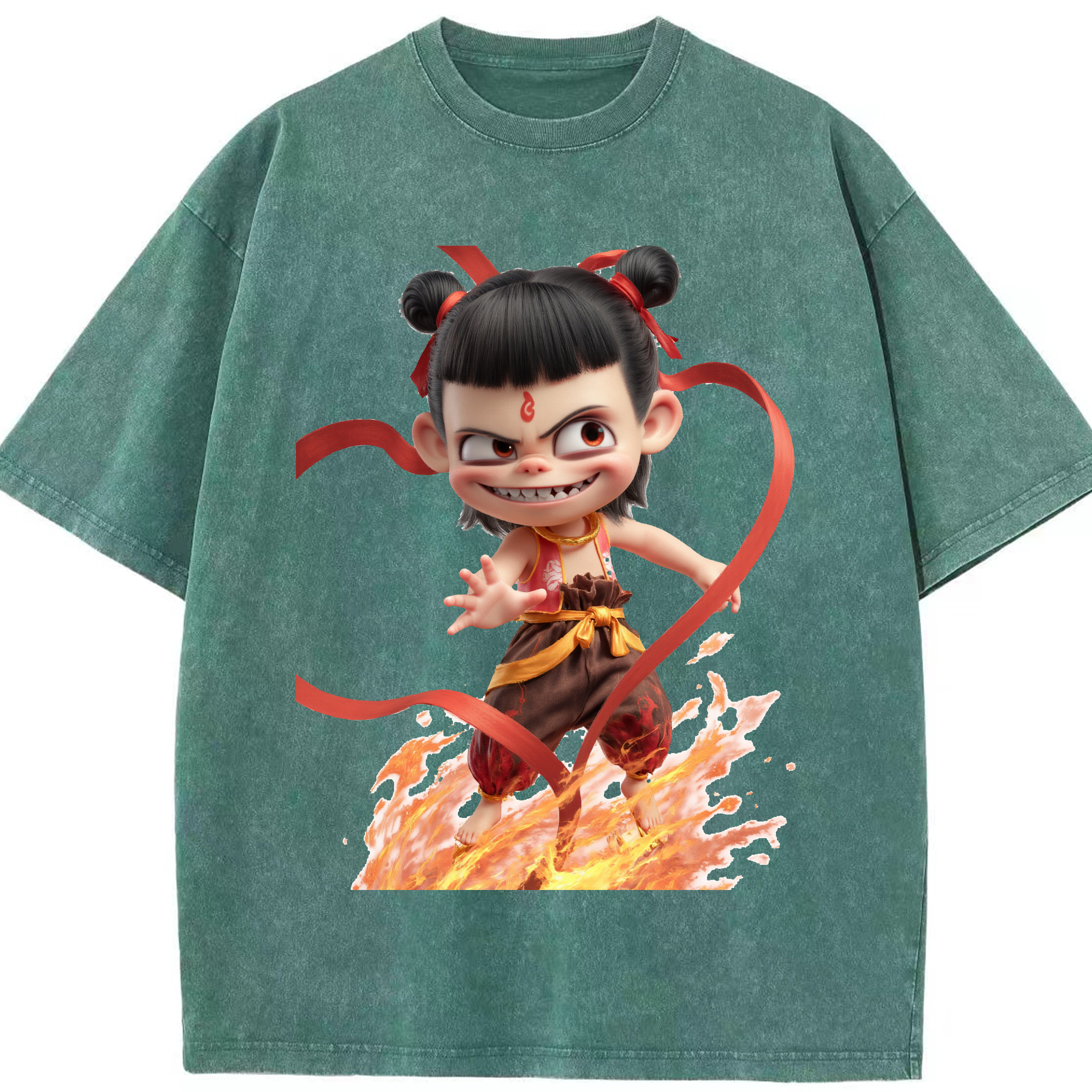 （画像用） Ne Zha 2 ナタ 魔童の大暴れ 綿100% ヴィンテージ風 半袖Tシャツ（フロントプリント）